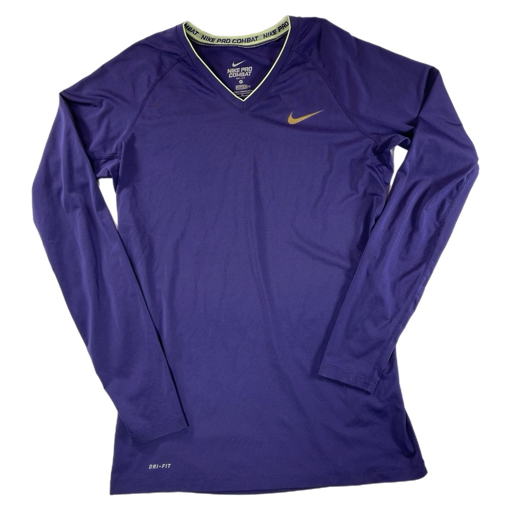 Women’s Nike Pro Combat Dri-Fit Long Sleeve V-Neck Shirt Size Medium Blue Fitted
